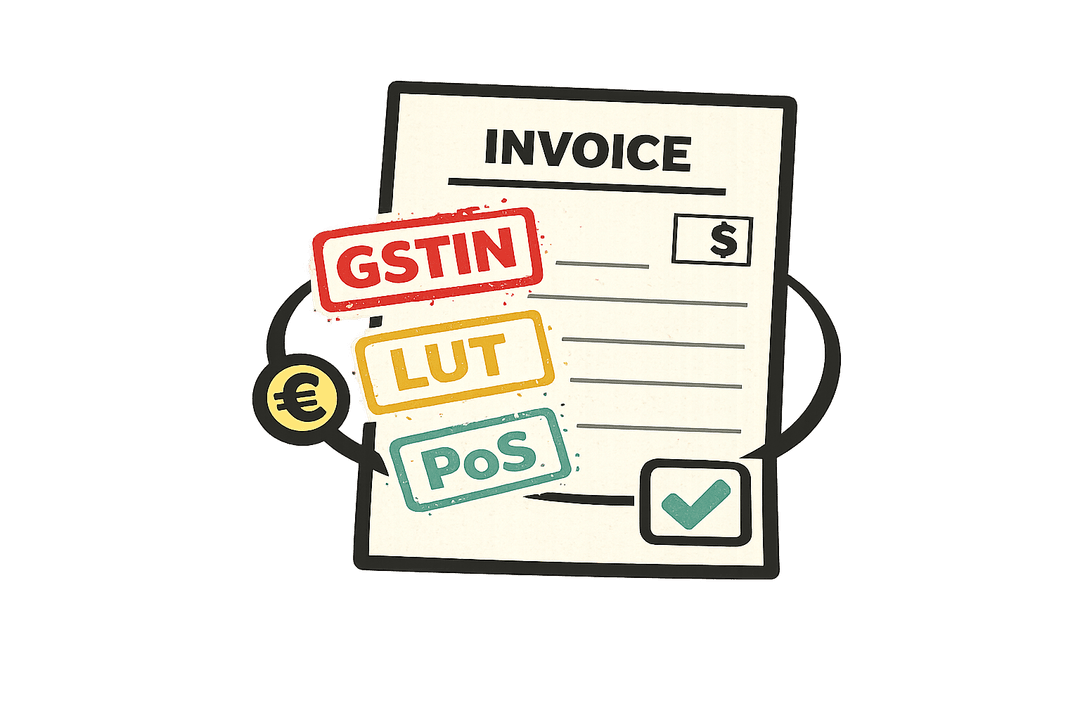 Invoice stamped with GSTIN, LUT and place-of-supply marks