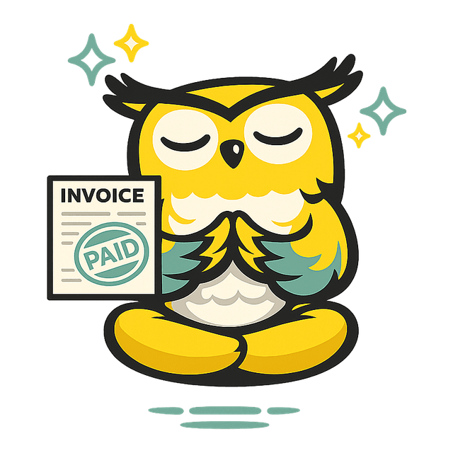 Ollie meditating with a paid invoice